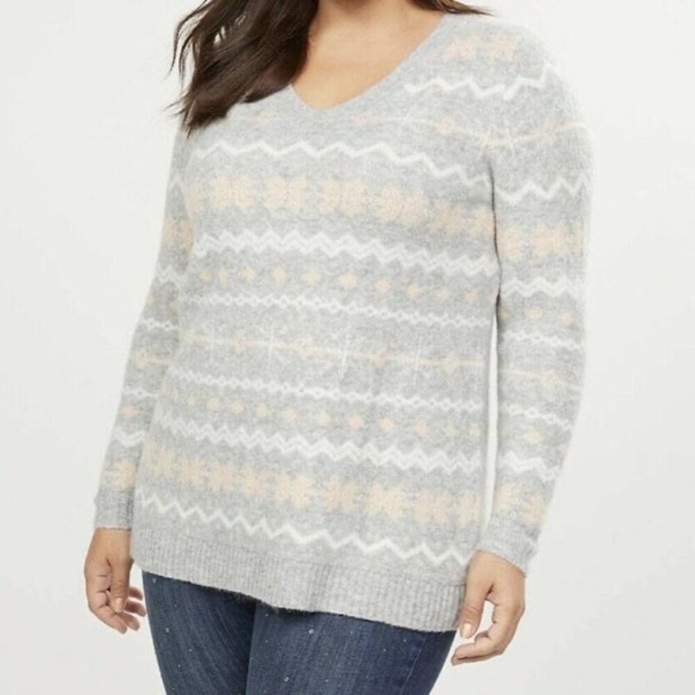 Lane Bryant Fair Isle Snowflake Gray Pink Sweater Acrylic Wool Blend Size 18 20